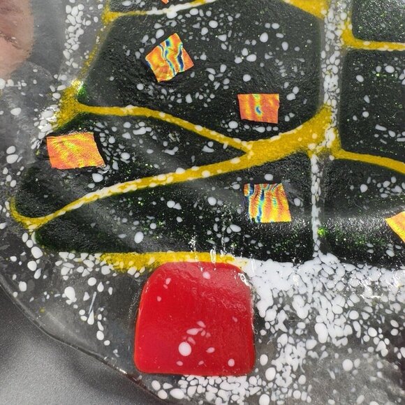 Hand Made Fused Art Glass Dish Plate Platter Christmas Tree Iridescent Glass VTG - Picture 7 of 16